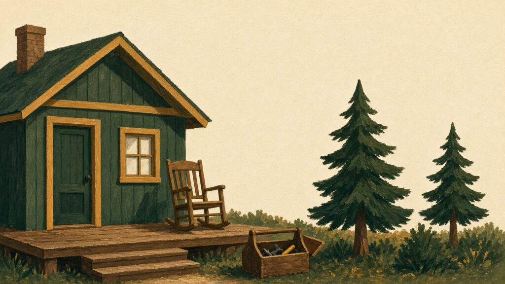 Illustration of a small green house with a wooden porch, a rocking chair, a toolbox, and two pine trees.