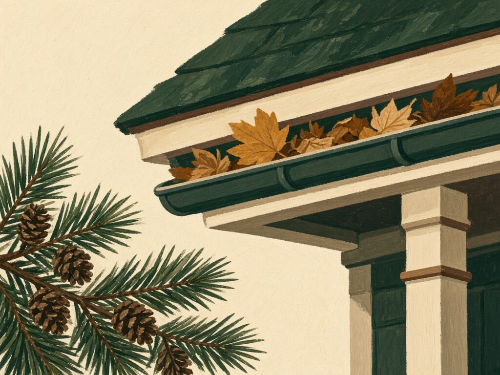 Illustration of leaves gathered in a gutter along a porch roof.