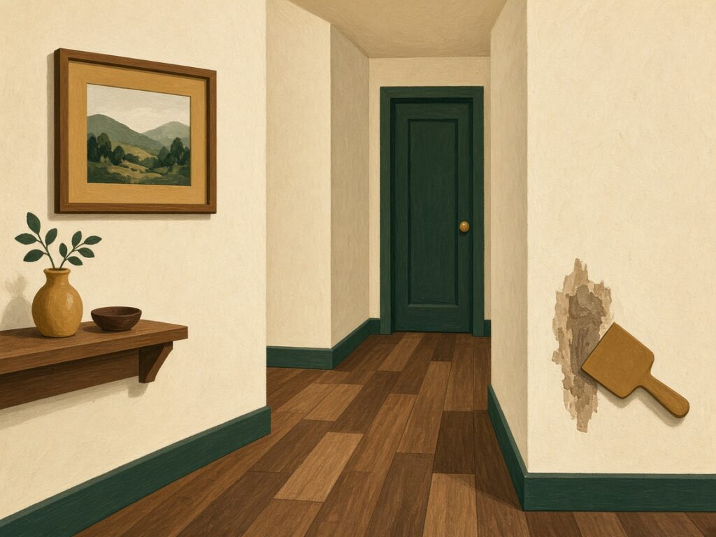 Illustration of a hallway with a small patched spot on the wall and a putty knife.