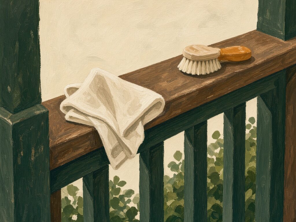 Illustration of a wooden porch rail with a cloth and a brush.