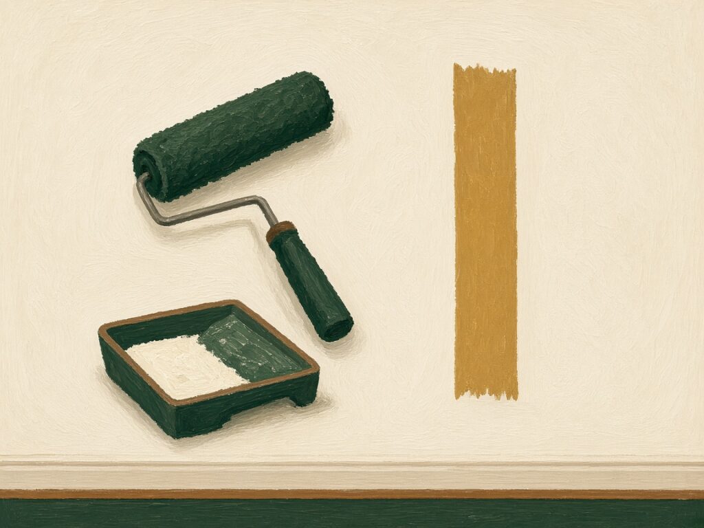 Illustration of a paint roller, a tray, and painter’s tape on a cream wall.