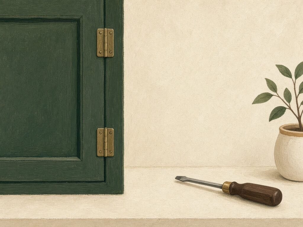 Illustration of a cabinet hinge and a screwdriver on a kitchen counter.