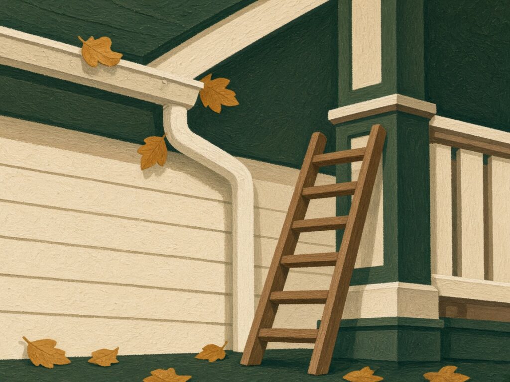 Illustration of a gutter, a few leaves, and a short ladder beside a porch.